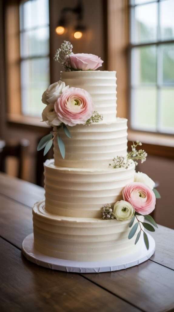 Tall white buttercream wedding cake decorated with blush peonies, white hydrangeas, and greenery, styled in a romantic barn with wood elements.