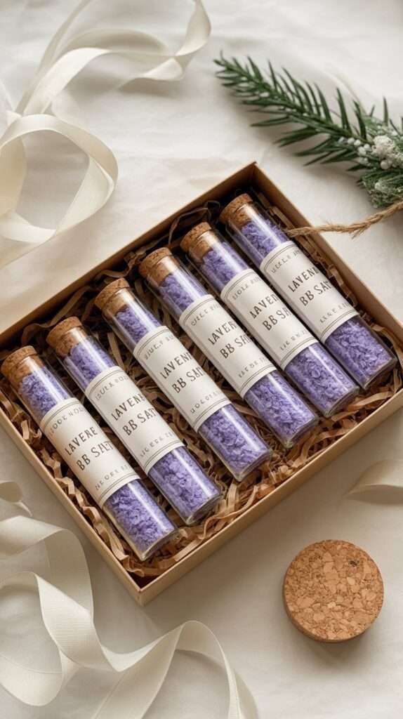 Finished bath salt tubes filled with lavender and rose petal salts, arranged in a small gift box with shredded paper and Christmas greenery.