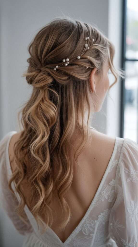 “Half-up messy twist bridal hairstyle with loose waves and pearl accents. A romantic and effortless option for brides who want soft movement.”