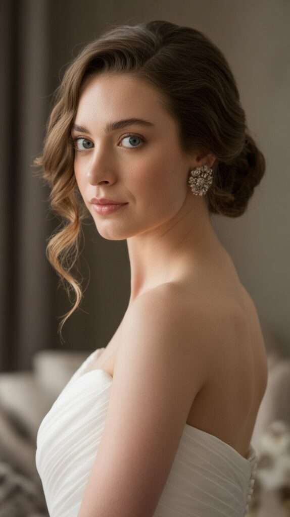 “Bride with a voluminous side-swept bun and loose curls framing the face. The romantic updo highlights statement earrings and soft makeup.”