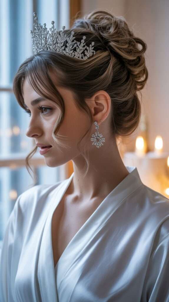 “High messy bridal bun with volume and natural curls, styled with crystal earrings. A relaxed yet elegant updo ideal for modern brides.”