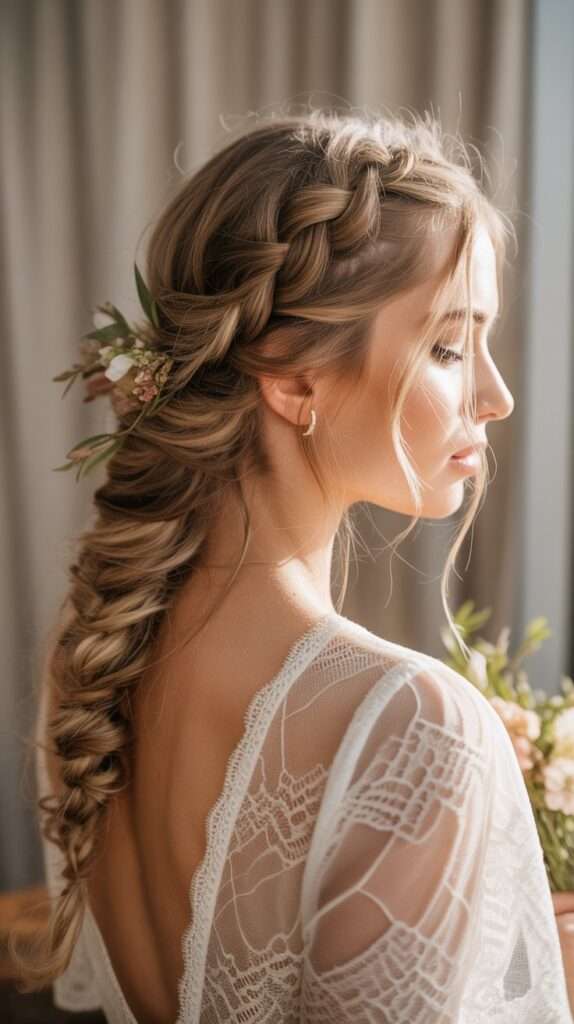 “Boho bride wearing a loose fishtail braid bun with small flowers tucked in. The relaxed updo pairs perfectly with lace or rustic wedding themes.”
