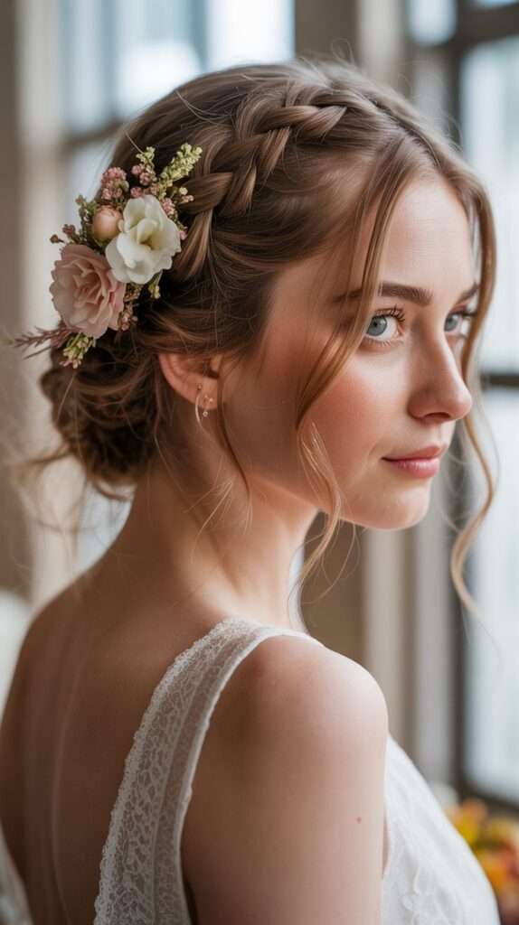“Romantic messy braided updo with delicate floral accents and soft curls around the face. A dreamy hairstyle ideal for outdoor or garden weddings.”