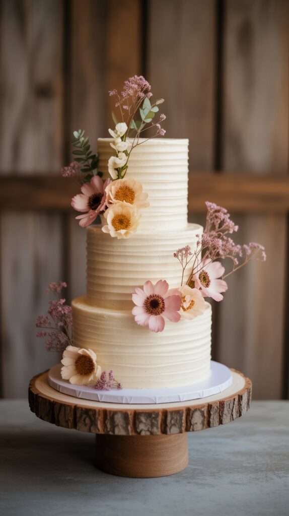 Romantic rustic wedding cake decorated with blush pink garden roses and greenery.