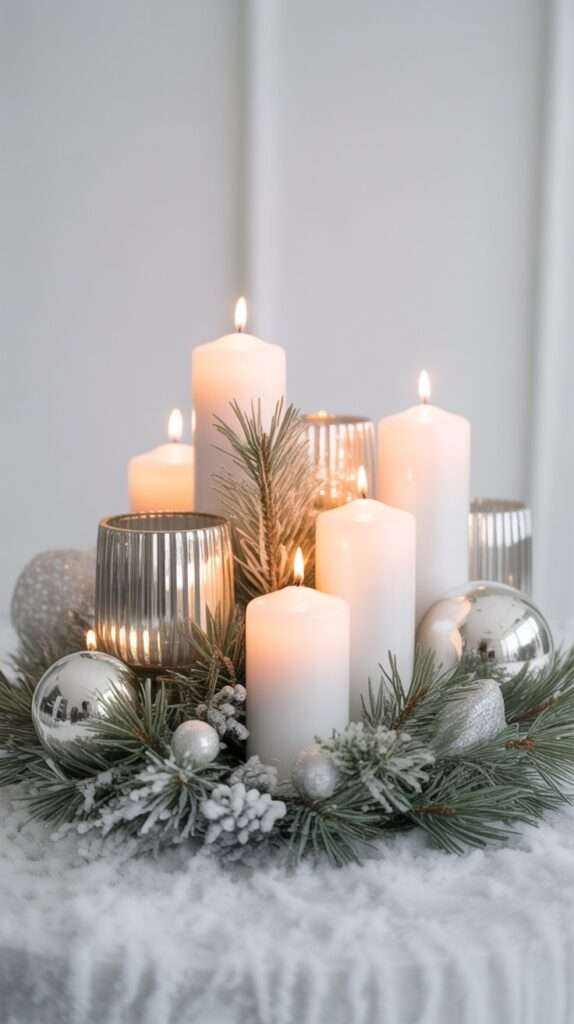 “Elegant winter centerpiece made with white pillar candles, silver accents and frosted pine branches arranged over artificial snow for a minimalist luxe look.”