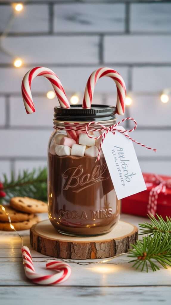 Completed hot cocoa jar filled with cocoa mix, marshmallows, and candy cane pieces, decorated with a festive ribbon and gift tag on a Christmas-themed surface.