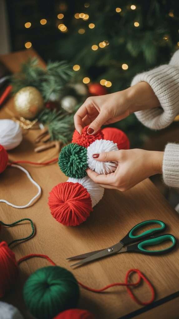Alt text: Hands assembling red, green, and white yarn pom-poms on a wooden table for a Christmas garland, surrounded by ornaments and holiday décor.