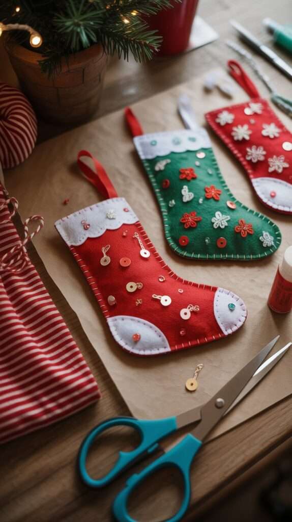 “Small felt Christmas stockings decorated with sequins and shapes, arranged on a craft table with scissors, glue and festive supplies.”