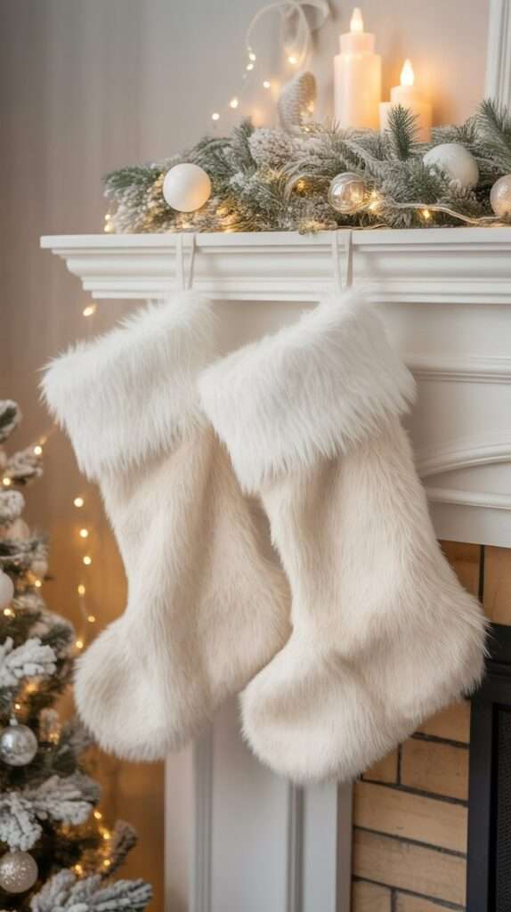 “Fluffy white faux fur Christmas stockings hanging from a mantel with soft winter greenery and warm holiday lights.”