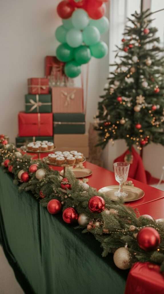 Christmas baby shower gift display with wrapped presents arranged under a decorated Christmas tree with fairy lights.
