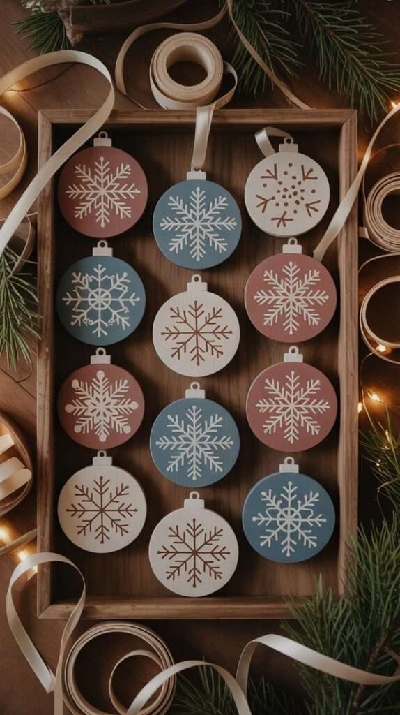 Finished set of hand-painted wooden Christmas ornaments with snowflake and holiday designs arranged in a rustic tray with pine branches.