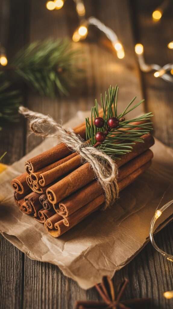 “Cinnamon stick Christmas decorations tied with twine and pine sprigs on a rustic wooden surface with warm holiday lights.”