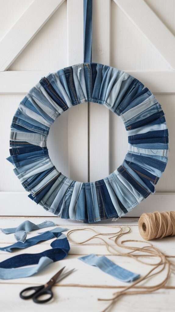 “Circular wreath made from tied denim fabric strips in various shades of blue, hanging against a white wall.”