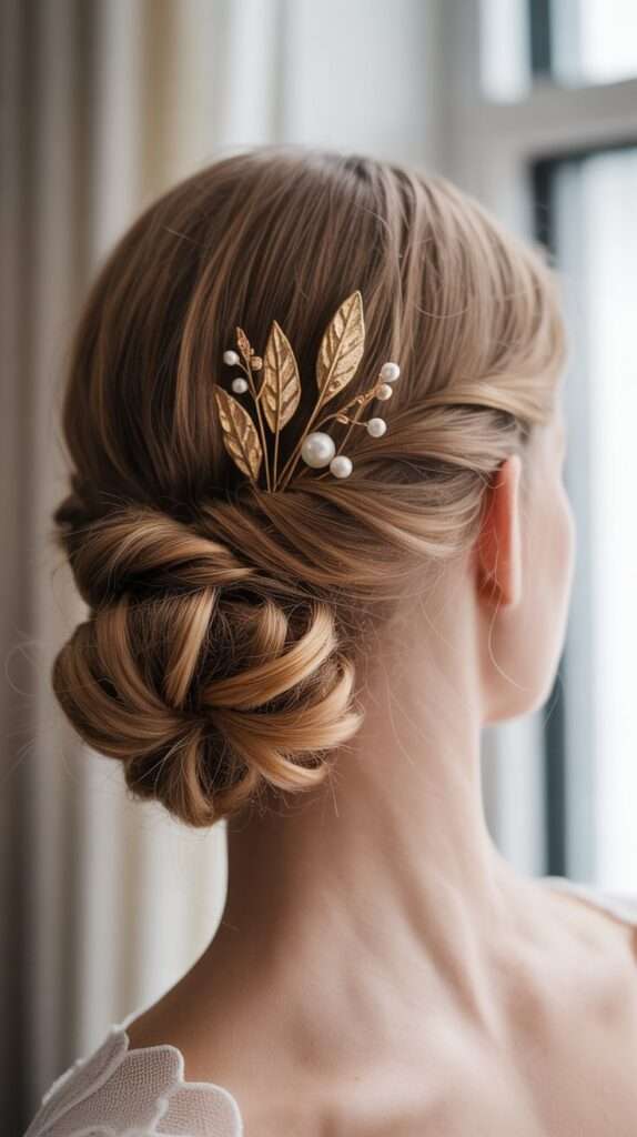 “Elegant bride with a textured twisted chignon decorated with gold and pearl hairpins. The softly tousled updo gives a modern yet graceful bridal look.”