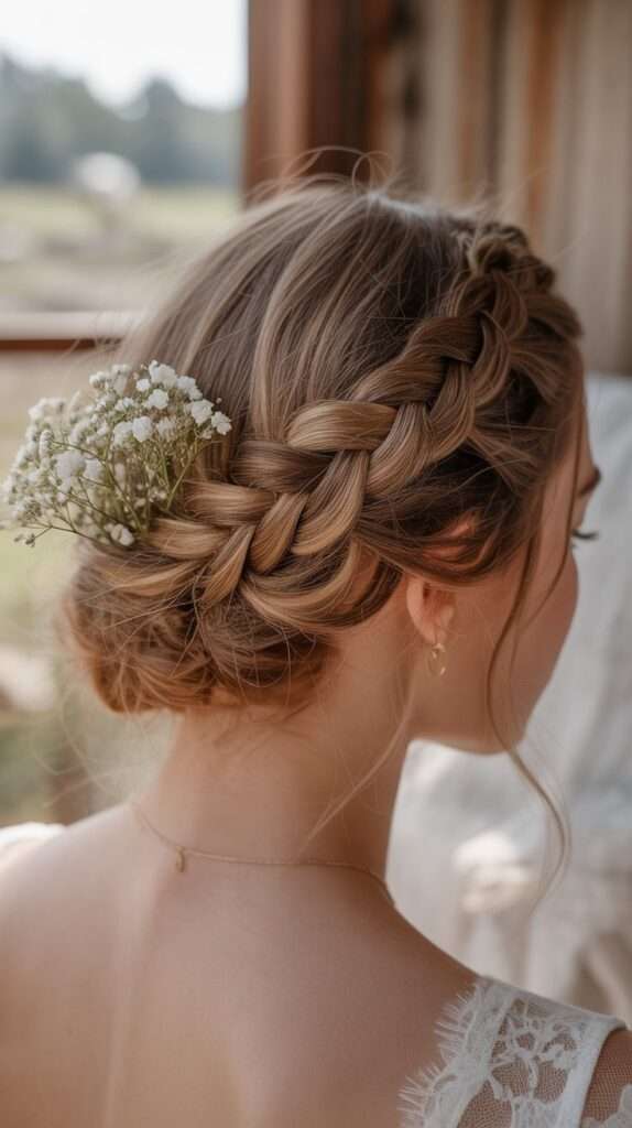 “Messy braided bridal updo with sprigs of baby’s breath flowers tucked in. The soft, airy look creates a fairytale-inspired wedding style.”