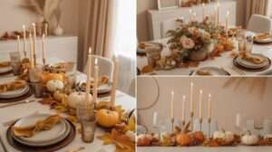 collage of elegant thanksgiving table full of pumpkins