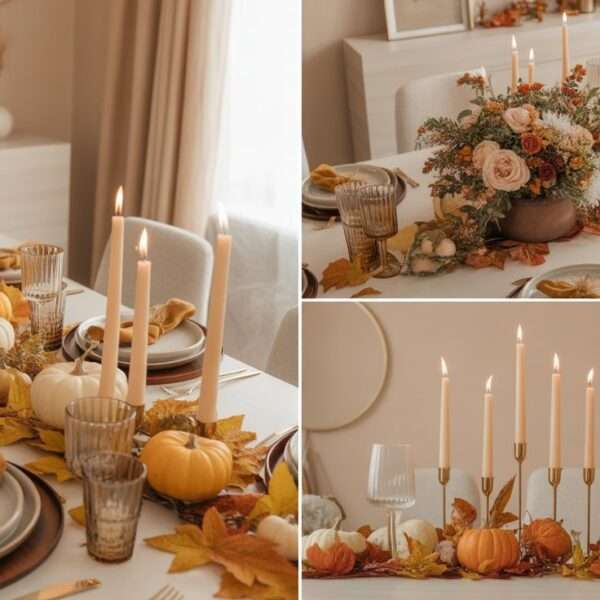 collage of elegant thanksgiving table full of pumpkins