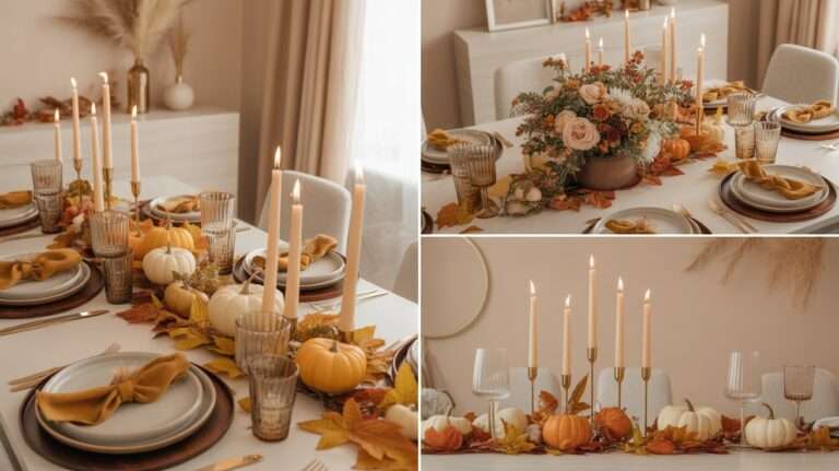 collage of elegant thanksgiving table full of pumpkins