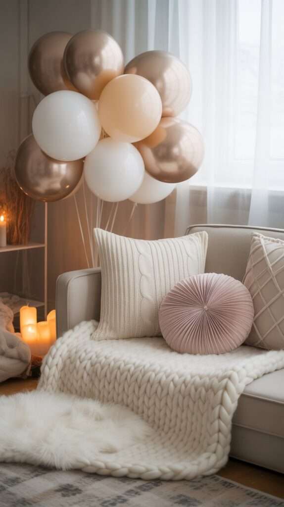 “Winter baby shower decorated with chunky knit blankets, soft white pillows, candles and cozy textures creating a warm, inviting atmosphere.”