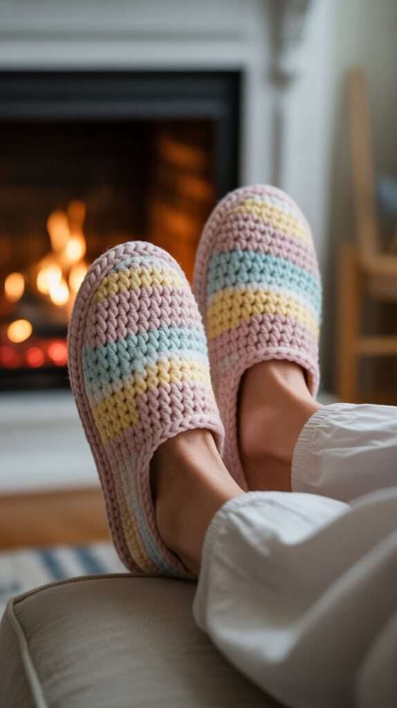 “Close-up of cozy crochet slippers made from soft pastel yarn. Warm and handmade, perfect for relaxing at home during cold winter days.”