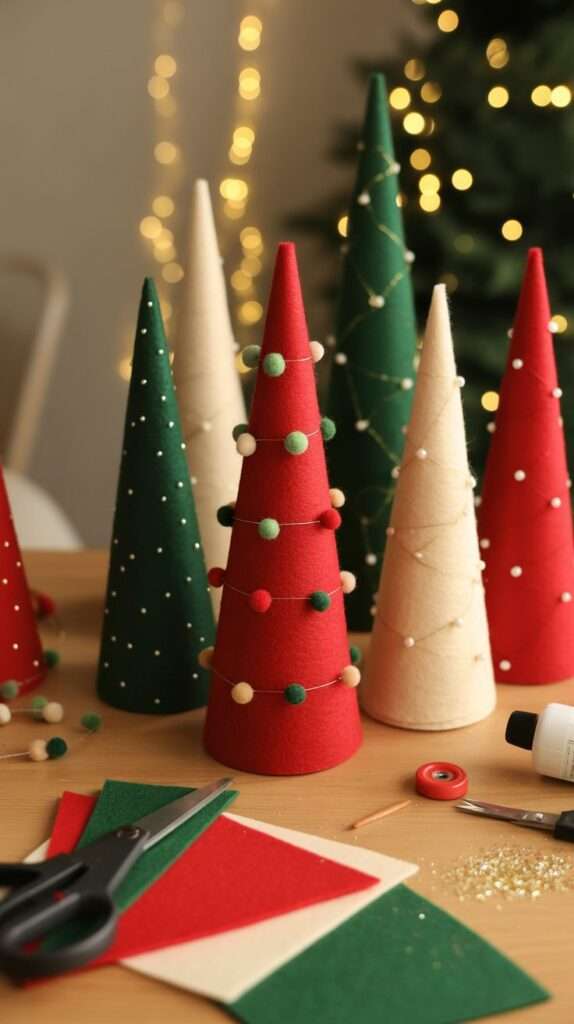 Alt text: Handmade felt Christmas tree cones in festive colors on a craft table with scissors, beads, and felt scraps.