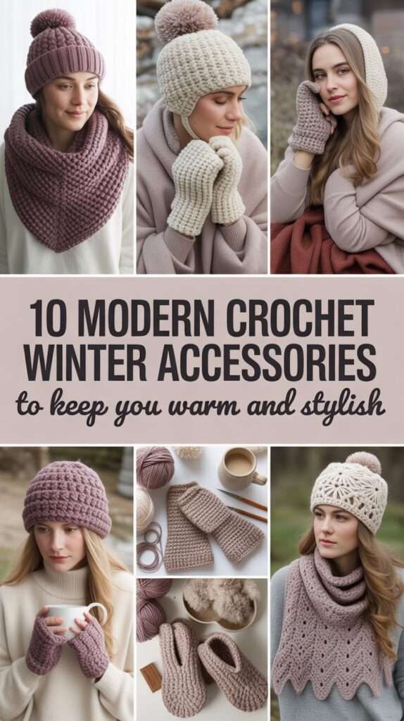 a collage of woman weirng crochet acessories like gloves,blanks