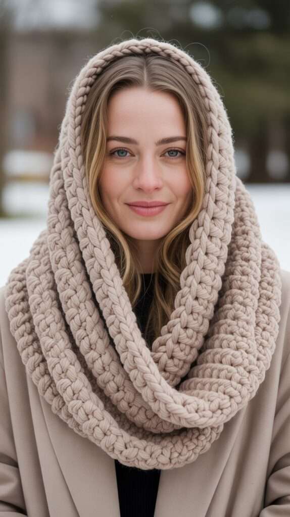 “Woman wearing a chunky crochet infinity scarf in soft beige yarn during winter. The thick handmade texture and cozy stitches create a warm and stylish cold-weather accessory.”