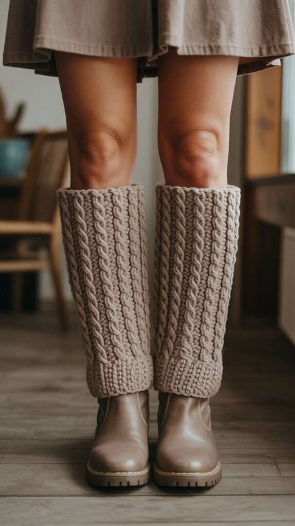 “Crochet boot cuffs peeking out from tall leather boots. The handmade stitch texture and neutral colors add a rustic cozy touch to a winter look.”