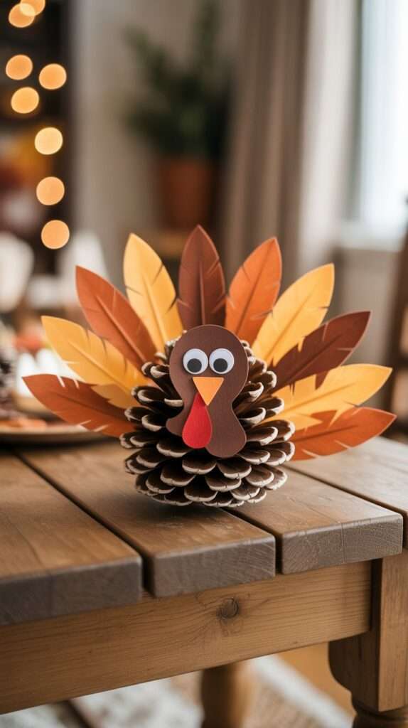Pinecone turkeys made with felt feathers and googly eyes, arranged on a wooden surface with scattered fall leaves.