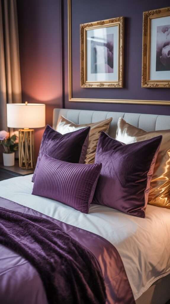Glam purple bedroom décor featuring plum pillows with gold accents and metallic framed art.