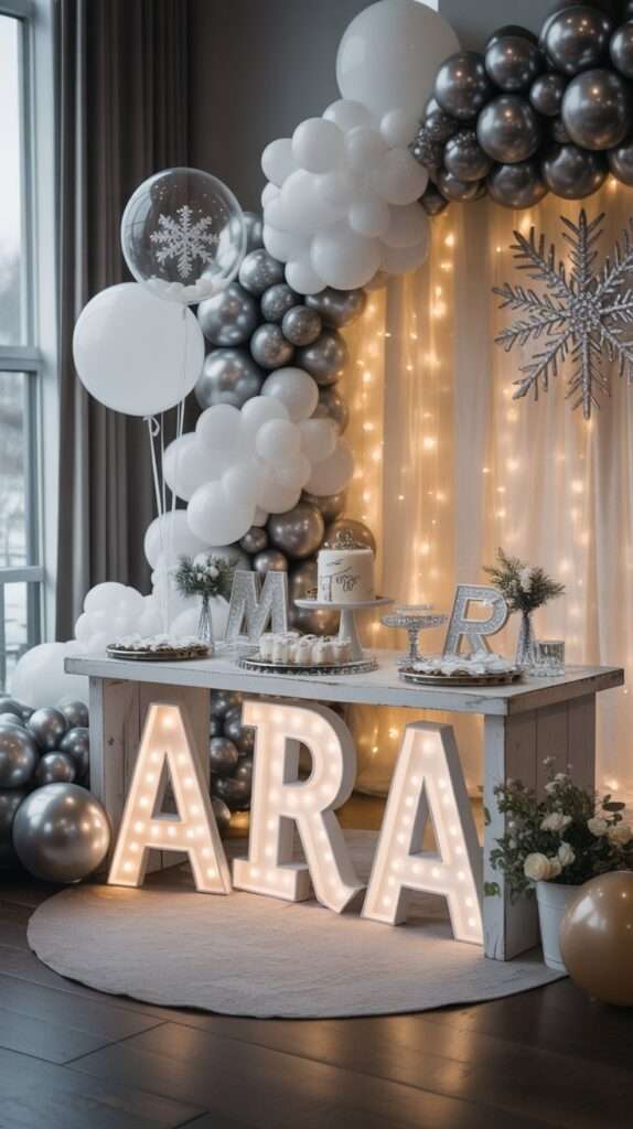 White and silver winter baby shower setup with snow-like tulle, balloons, fairy lights, and elegant silver decorations.