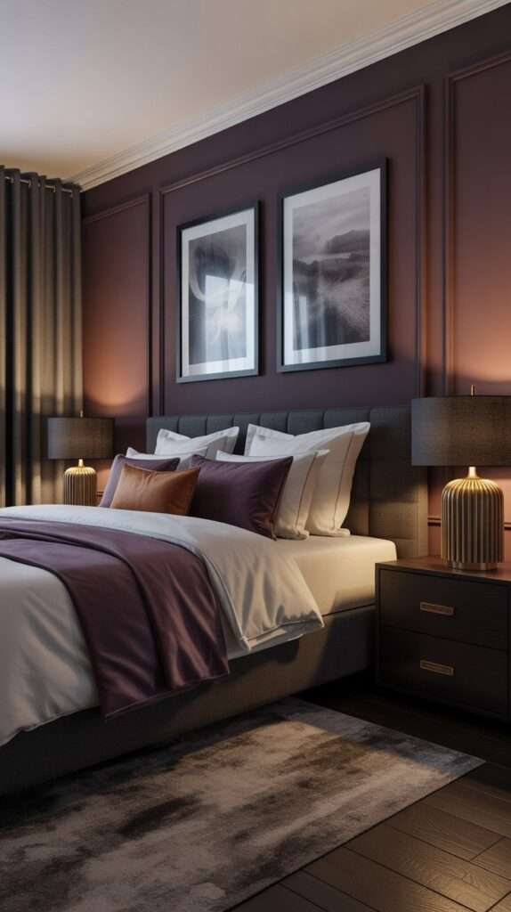 Modern bedroom with deep plum accent wall, black framed art and warm gold lamp lighting.