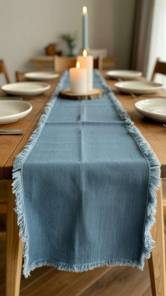 “Denim table runner with softly frayed edges displayed on a wooden dining table with ceramic dishes and candles.”