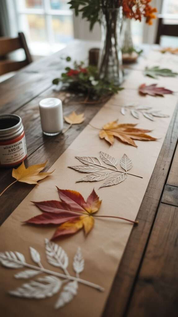 Kraft paper table runner decorated with painted fall leaf stamps on a rustic wooden dining table.