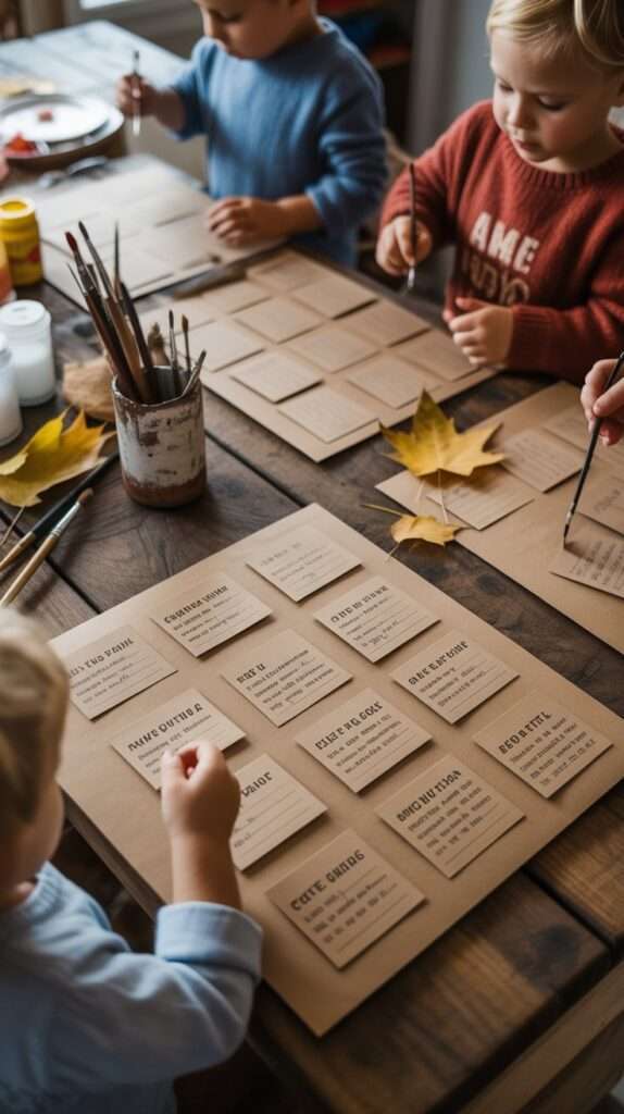 DIY Thanksgiving scratch-off gratitude cards on kraft paper with metallic paint and handwritten messages.
