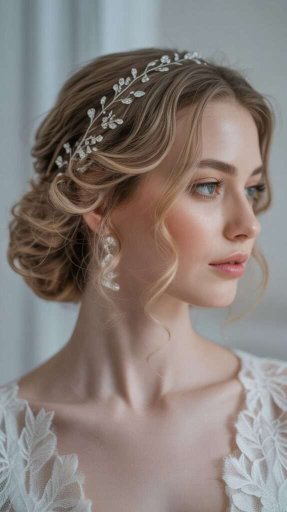 “Soft curled bridal bun with a crystal hair vine woven through the strands. A glamorous and feminine messy updo with a touch of sparkle.”