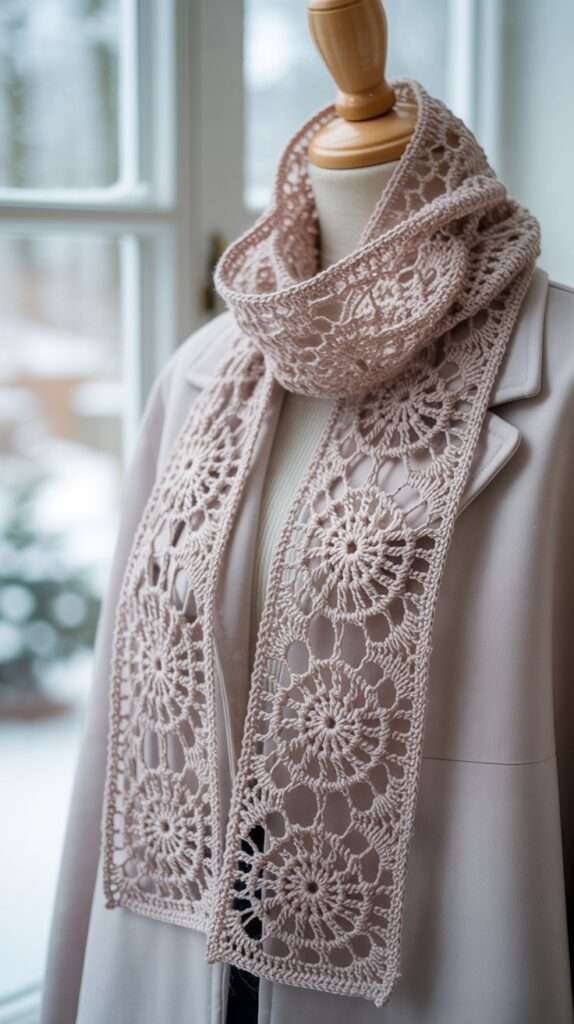 “Delicate crochet lace scarf with snowflake patterns draped over a winter outfit. The soft fine yarn and snowflake motifs create a feminine elegant look.”