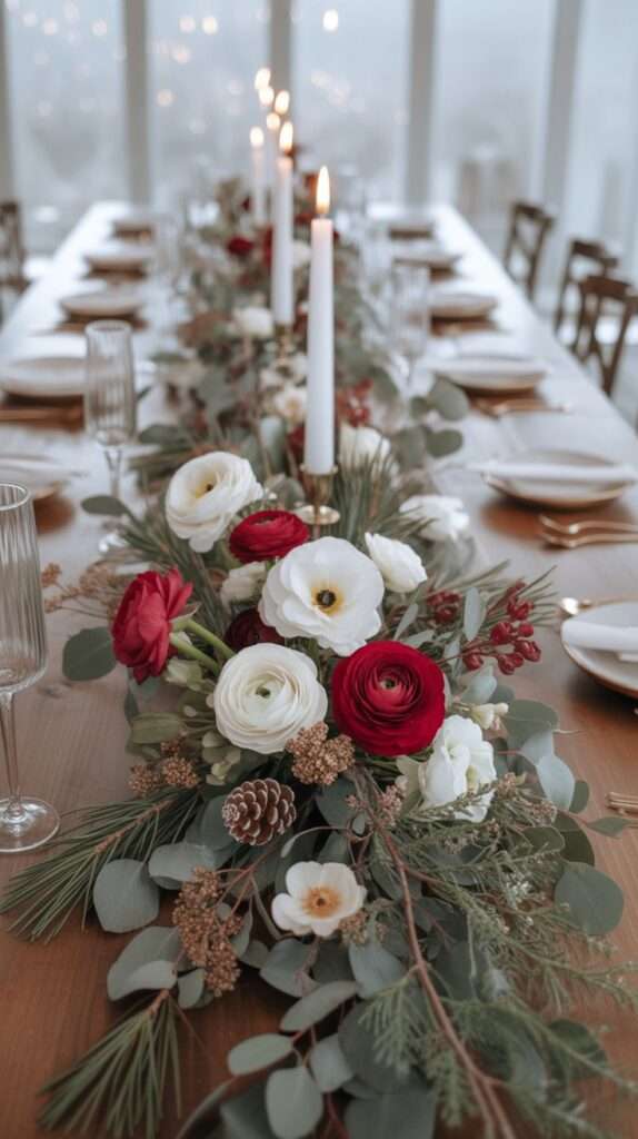 Winter floral centerpiece with white and deep red flowers, eucalyptus, pine branches, pinecones, and white taper candles arranged on a wooden dining table with soft fairy lights in the background.