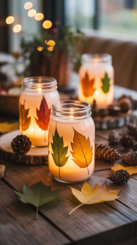 Mason jars wrapped with pressed leaves and twine, glowing from candlelight inside, styled with pinecones and autumn foliage.