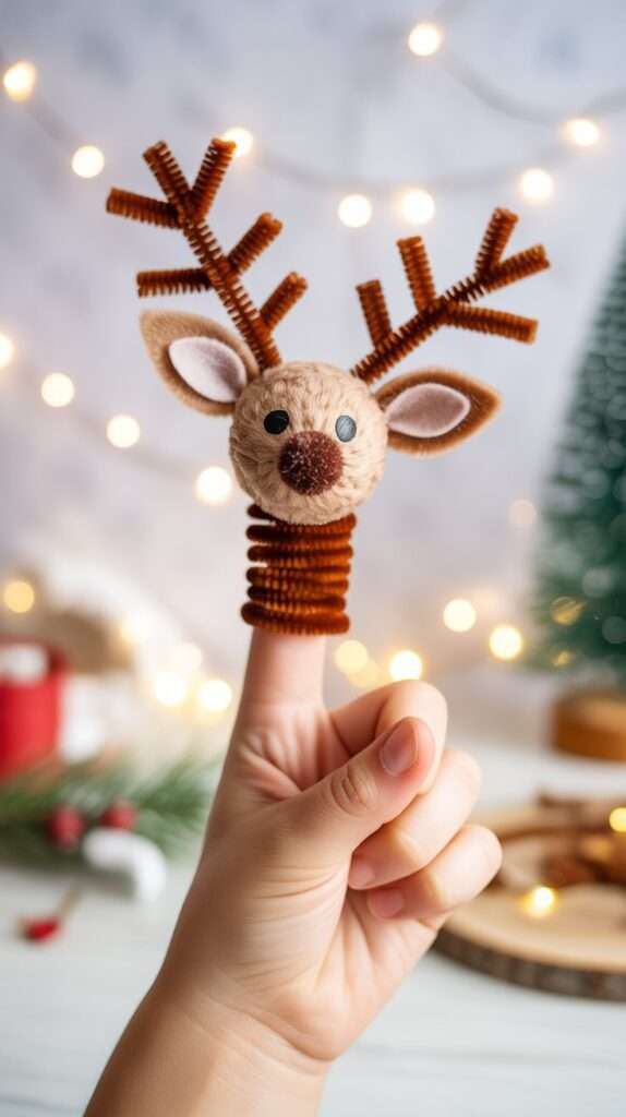 “Pipe cleaner reindeer finger puppet with tiny felt ears and a pom-pom nose wrapped around a child’s finger on a cozy Christmas craft table.”