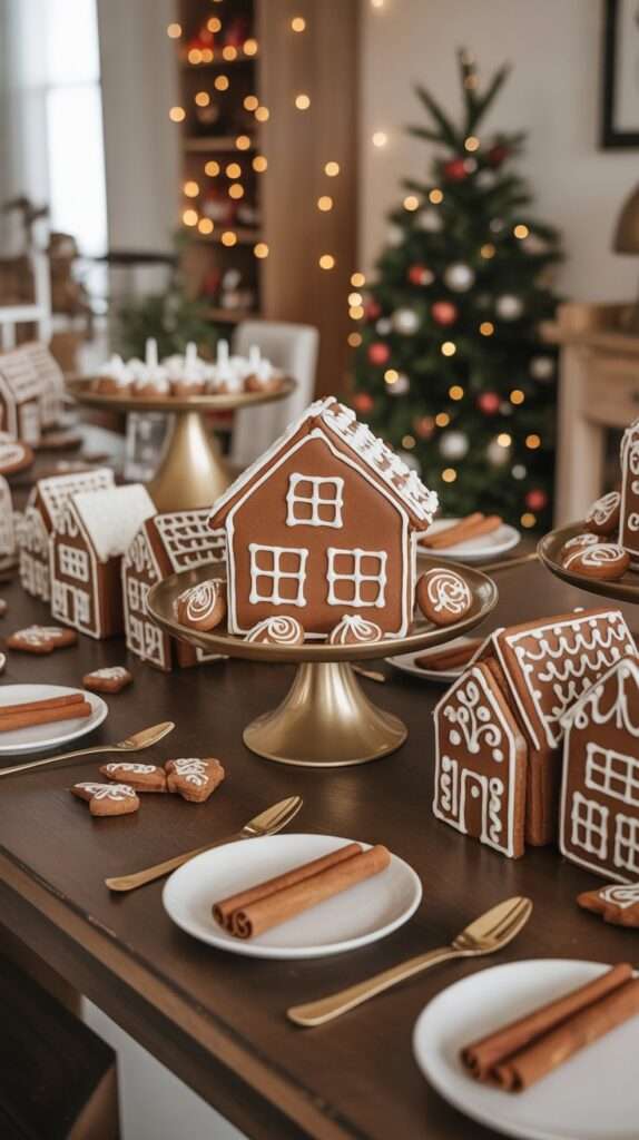 Gingerbread-themed baby shower table with mini gingerbread houses, hot cocoa mugs, and brown and white winter decorations.