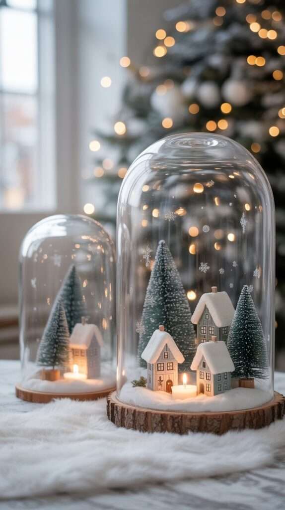 “Miniature snowy Christmas village displayed under clear glass cloches with frosted houses, bottlebrush trees and glittering faux snow illuminated by soft candlelight.”