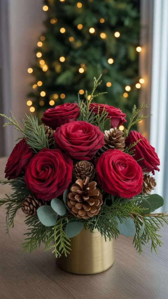“Rich winter bouquet of deep red roses paired with cedar greenery and pinecones in a gold vase, styled with warm holiday lighting.”