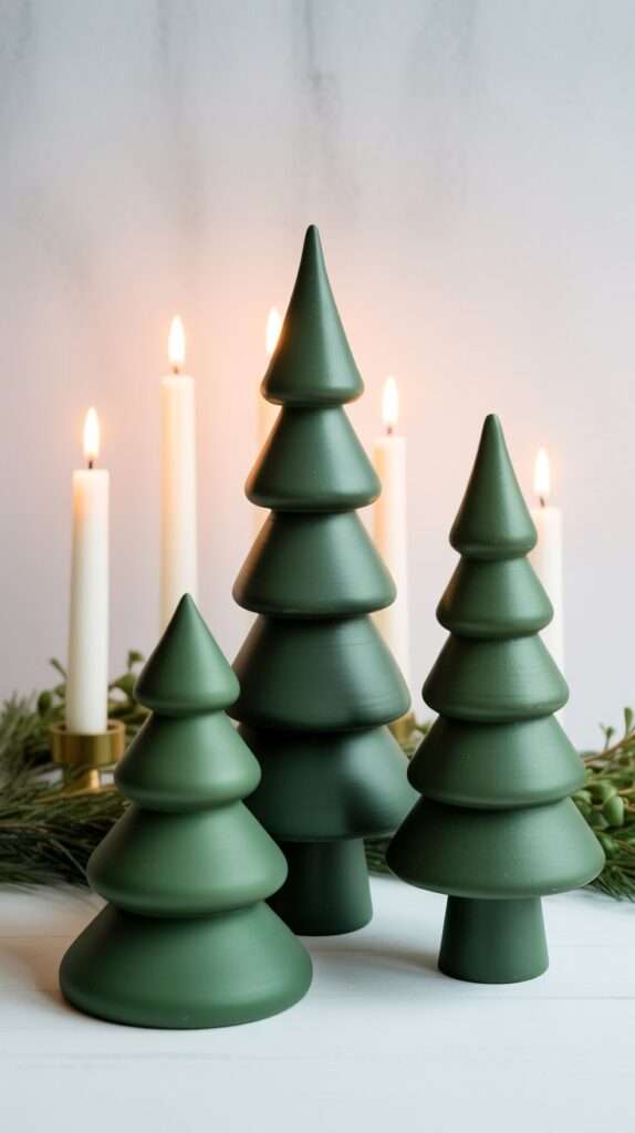 Minimalist air-dry clay Christmas trees in matte green finish displayed on a wooden shelf with soft natural lighting and Scandinavian neutral holiday decor.