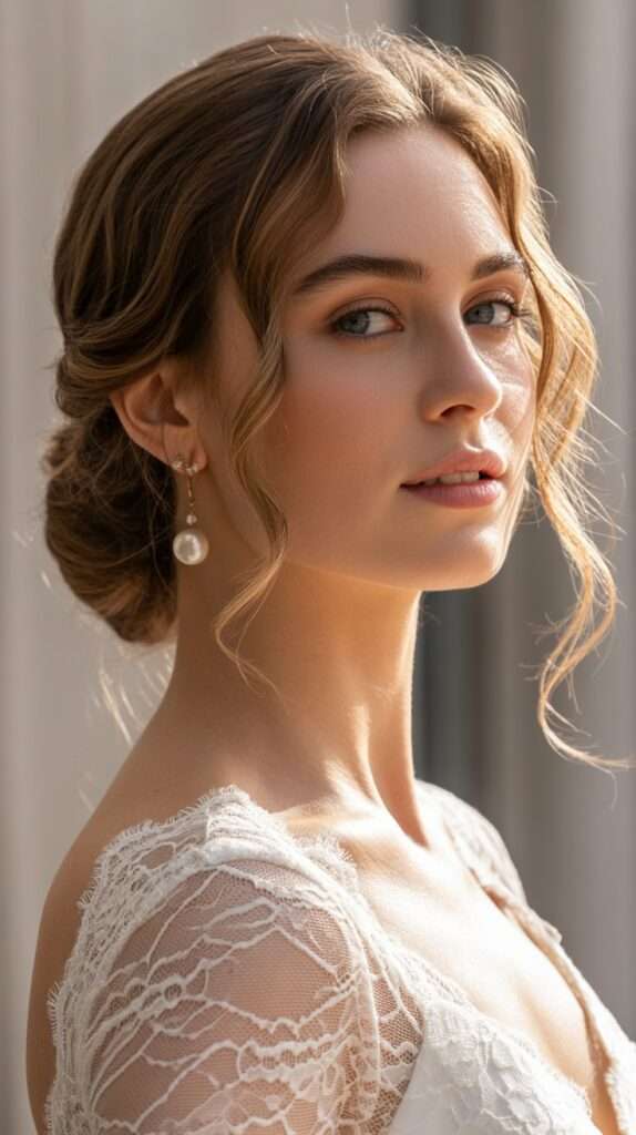 “Bride with a romantic low bun and soft loose strands framing her face, wearing pearl earrings and a lace dress. A timeless messy updo perfect for classic weddings.”