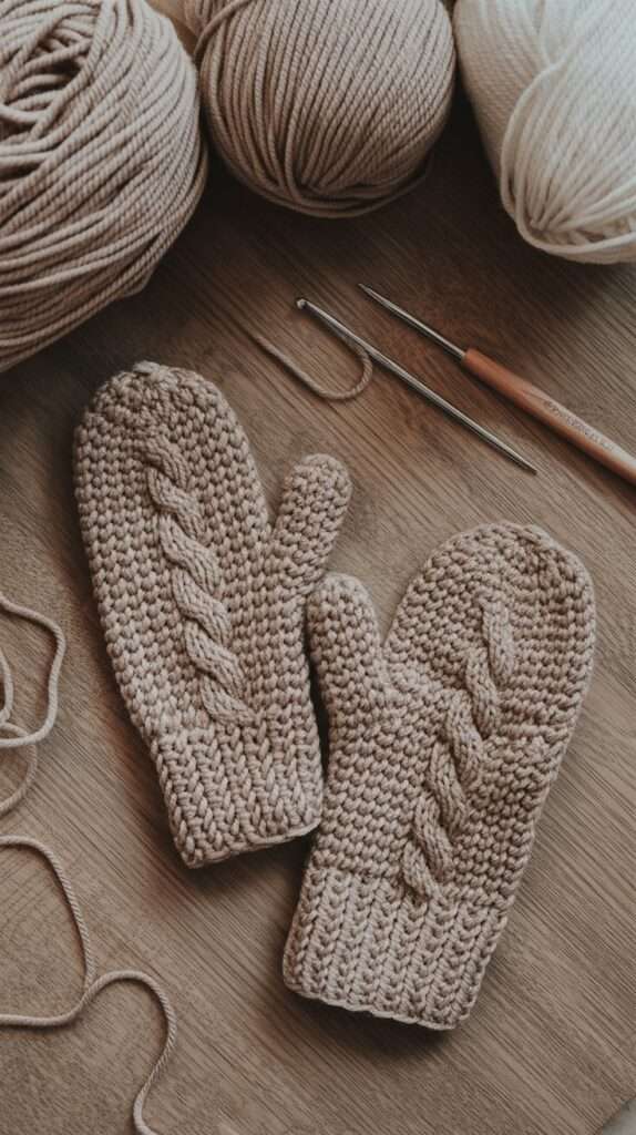 “Flat lay of crochet cable stitch mittens placed beside yarn balls and a crochet hook. Soft neutral tones emphasize the handmade craftsmanship.”