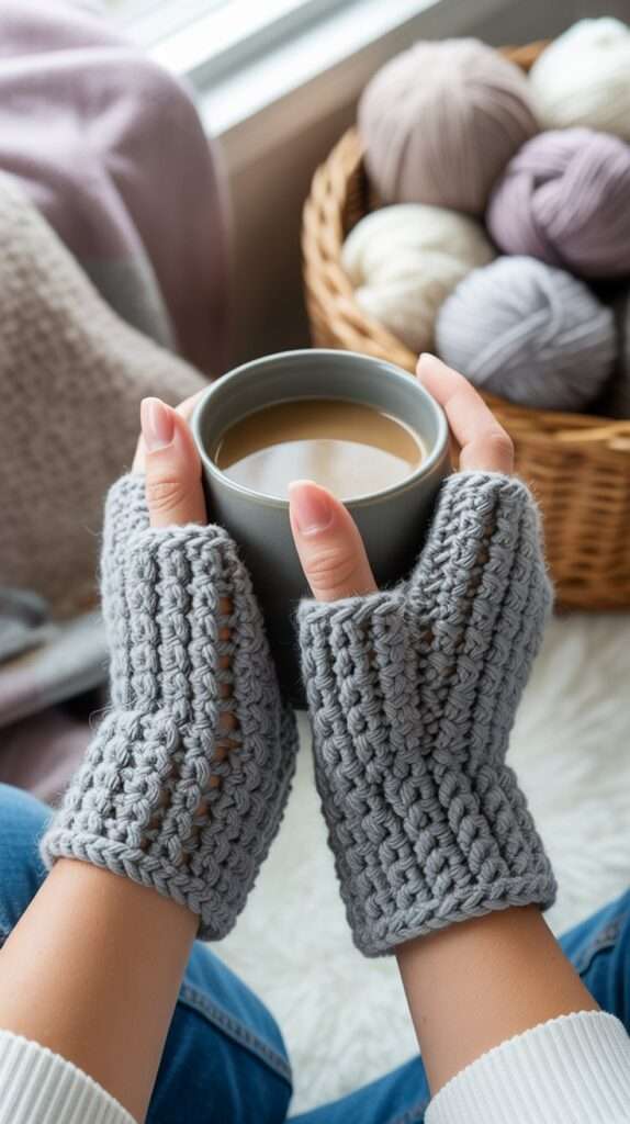 “Handmade crochet fingerless gloves shown while holding a hot coffee mug. Cozy winter morning scene highlighting textured stitches and warm handmade design.”