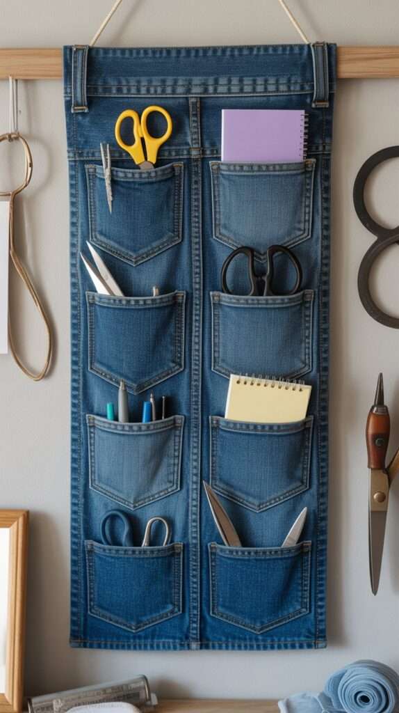 hanging wall denim full of craft stuf