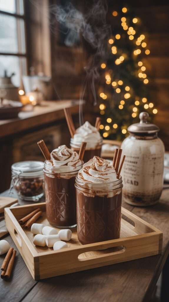 “Hot chocolate bar setup with wooden trays, ceramic jars, marshmallows and cinnamon sticks, arranged in a warm and cozy winter baby shower style.”
