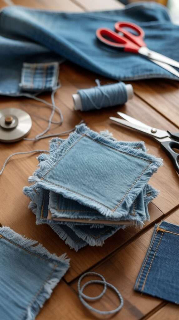 “Handmade denim coasters with frayed raw edges displayed on a wooden table with sewing scissors, thread and fabric scraps around.”